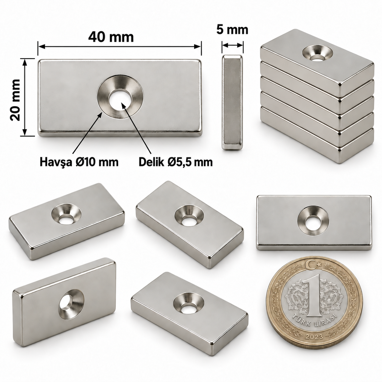 40x20x5mm 10/5,5 Havşa  Delikli Neodyum Mıknatıs