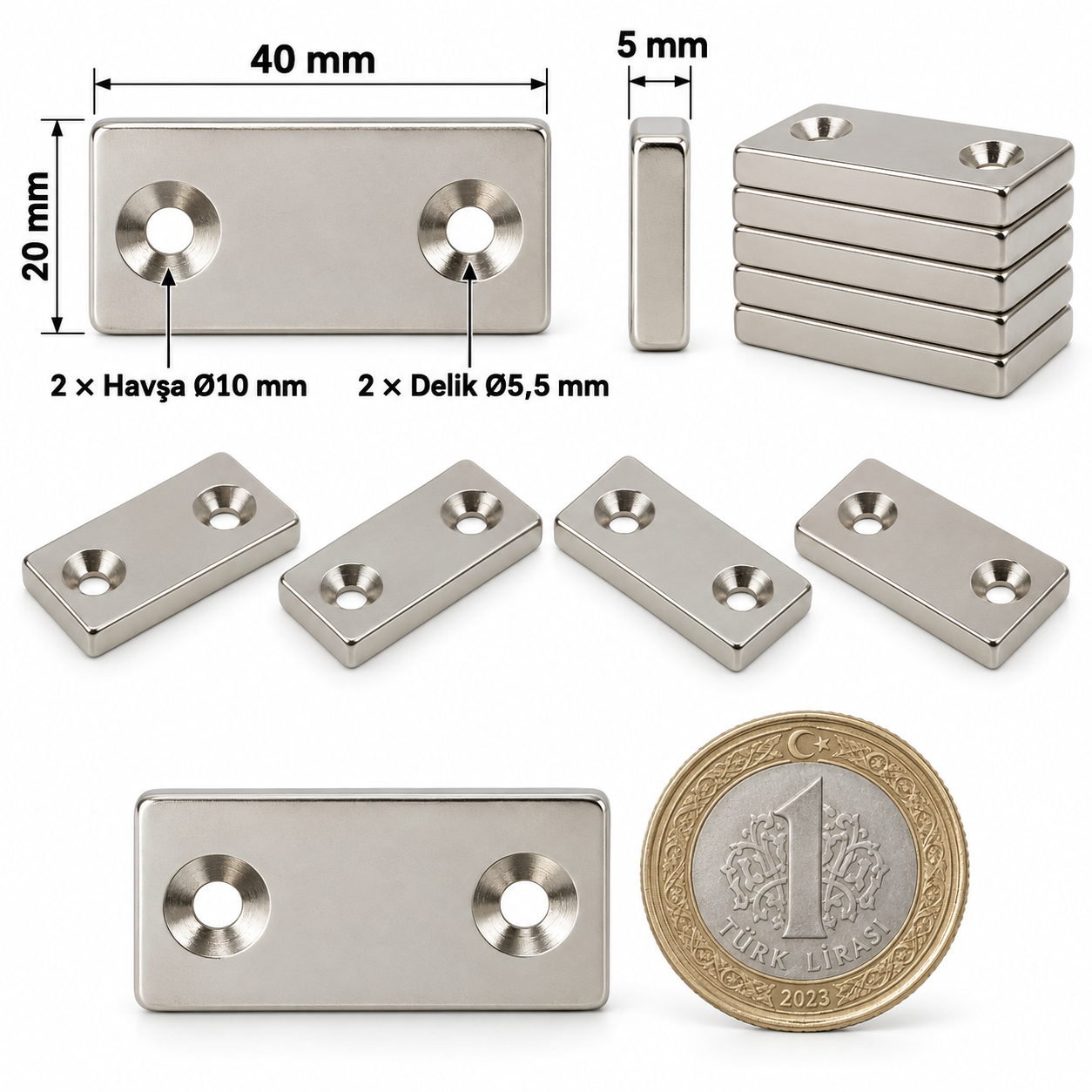 40x20x5mm 10/5,5 çift Havşa Delikli Neodyum Mıknatıs