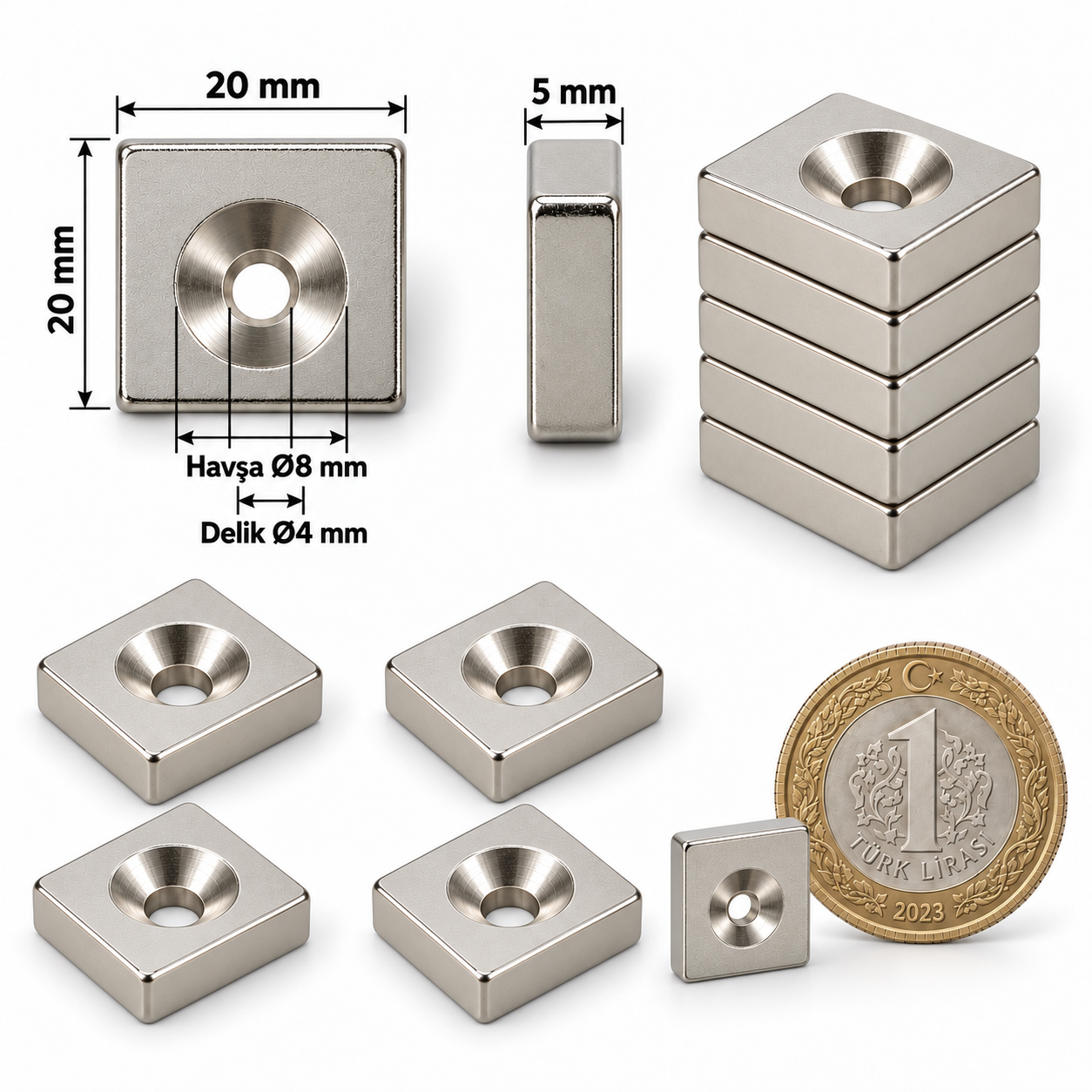 20x20x5mm 8/4 Havşa Kare Delikli Neodyum Mıknatıs
