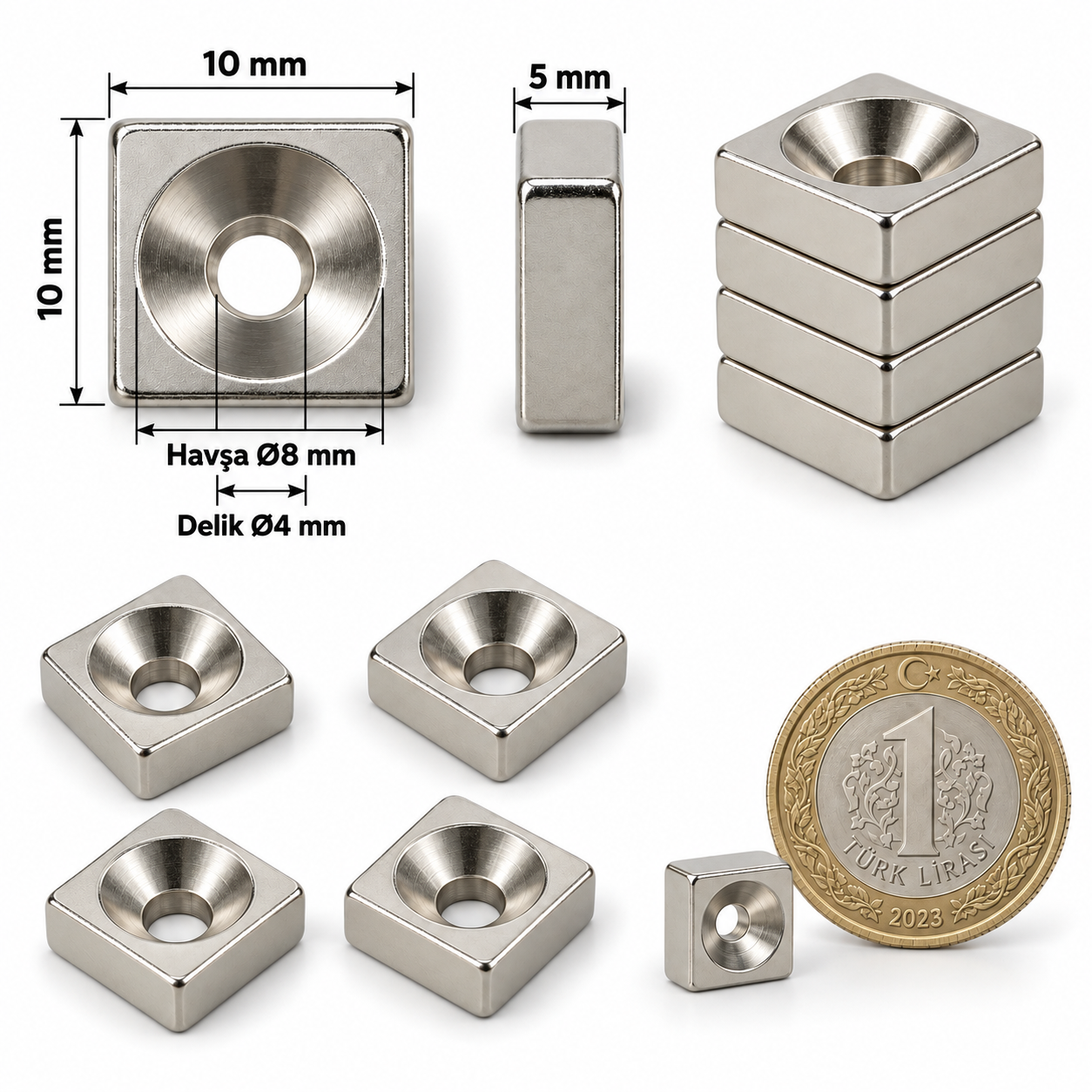 10x10x5mm 6/3 Havşa Delikli Neodyum Mıknatıs Metrik 10/5,5