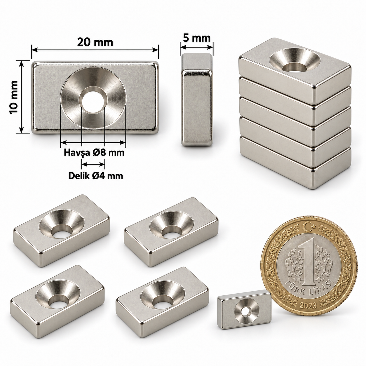20x10x5mm 6/3 Havşa Delikli Neodyum Mıknatıs Metrik 10/5,5