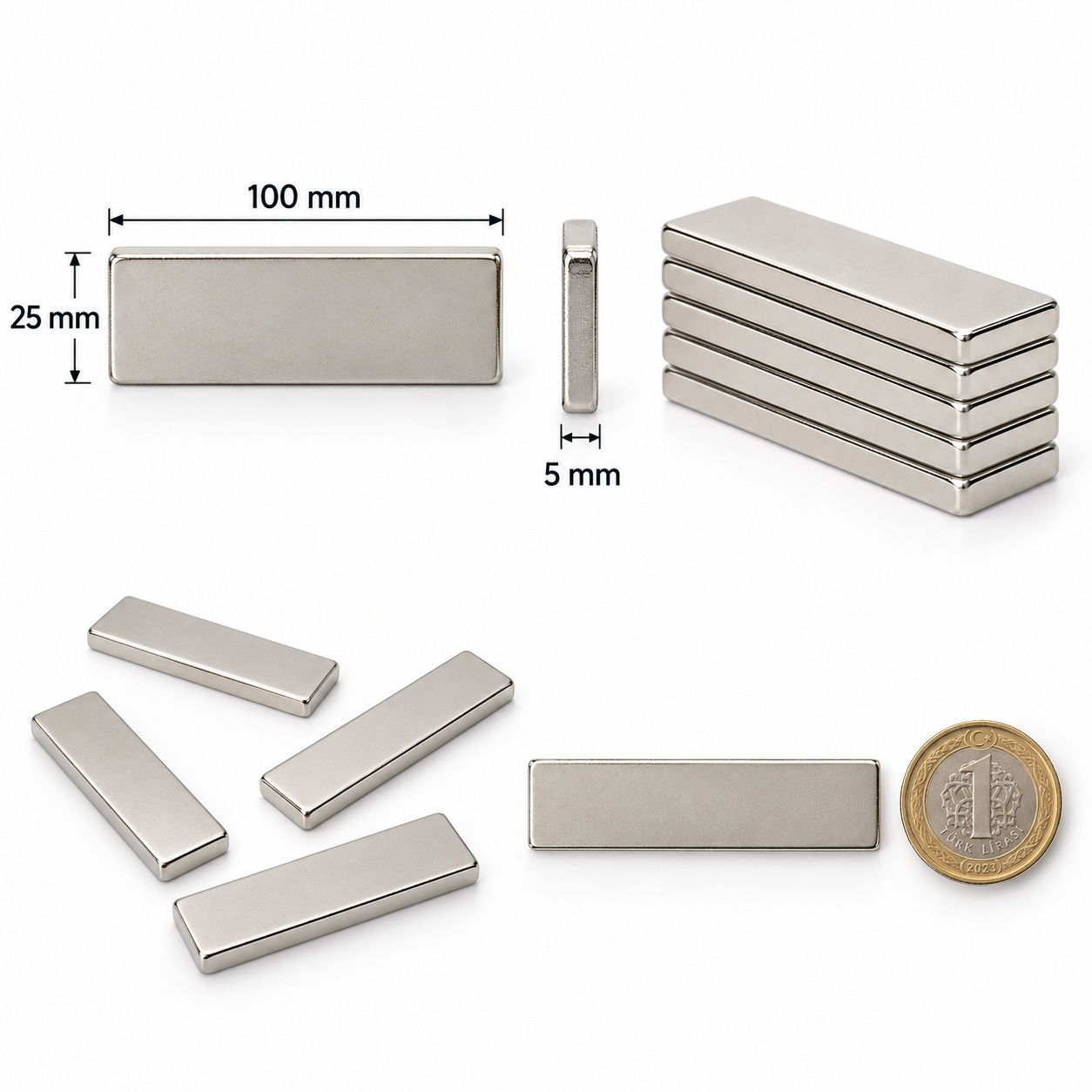 100x25x5 mm Dikdörtgen Nedoyum Mıknatıs