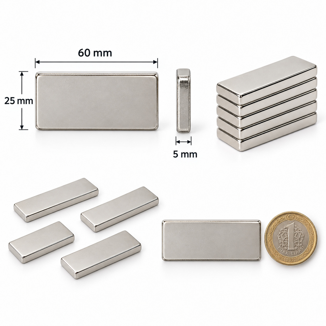 60x25x5 mm Dikdörtgen Nedoyum Mıknatıs
