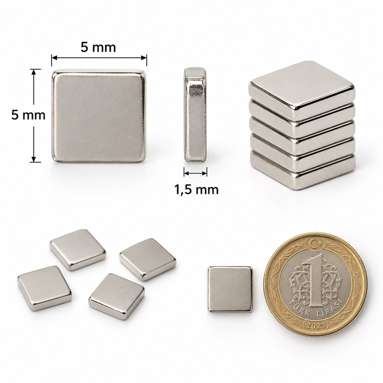5x5x1,5 mm Dikdörtgen Neodyum Mıknatıs Boy 5mm En mm Kalınlık 1,5mm