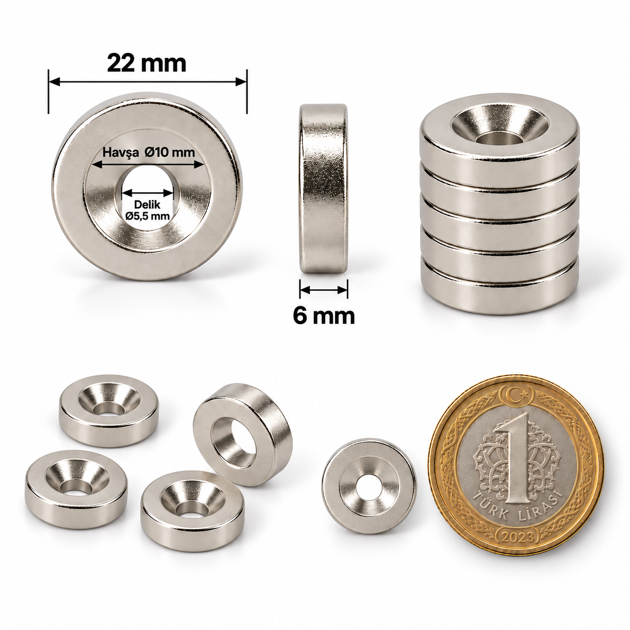 22x6mm 10/5,5 Havşa Delikli Neodyum Mıknatıs Metrik 10/5,5