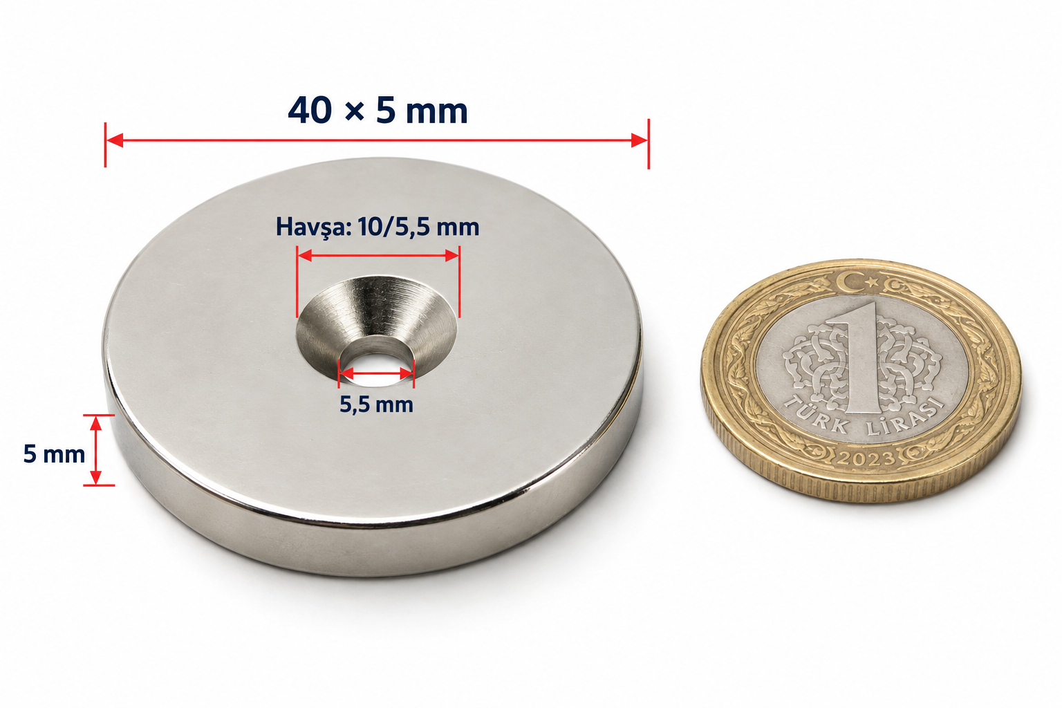 40x5mm 10/5,5 Havşa Delikli Neodyum Mıknatıs Metrik 10/5,5