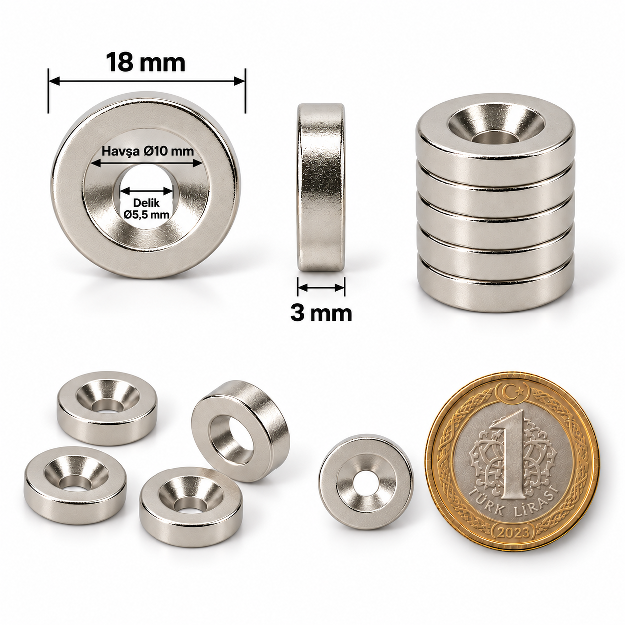 18x3 mm - 10/5,5 Havşa Delikli  Mıknatıs Metrik 10/5,5