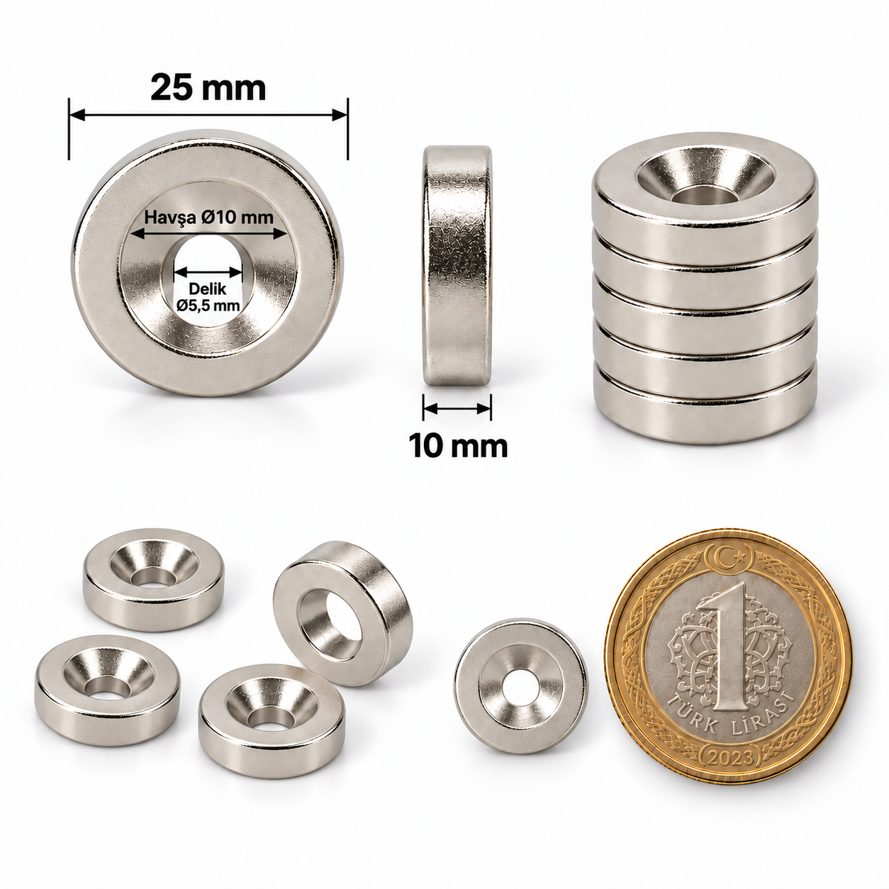 25x10mm 10/5,5 Havşa Delikli Neodyum Mıknatıs Metrik 10/5,5