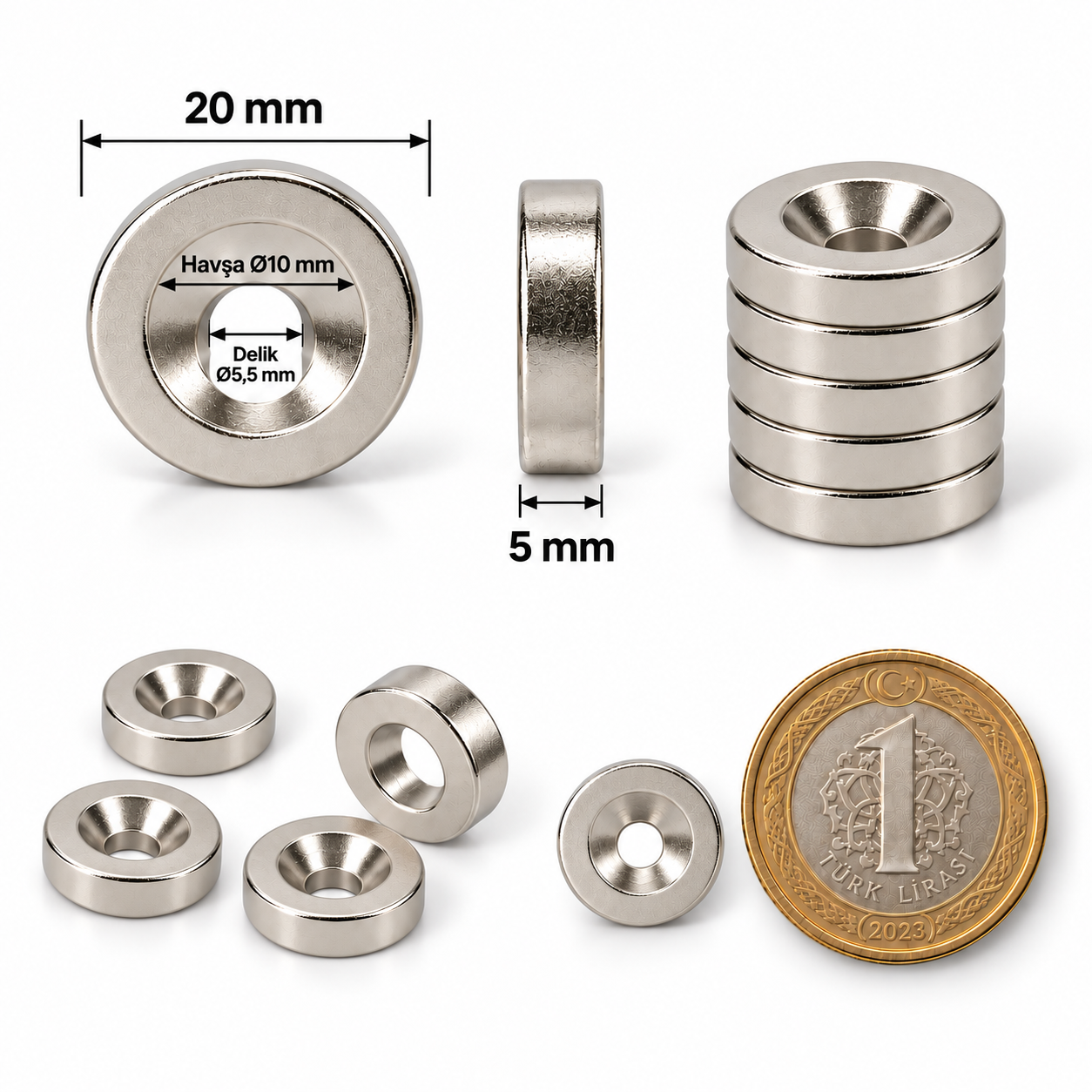 20x5mm 10/5,5 Havşa Delikli Neodyum Mıknatıs Metrik 10/5,5