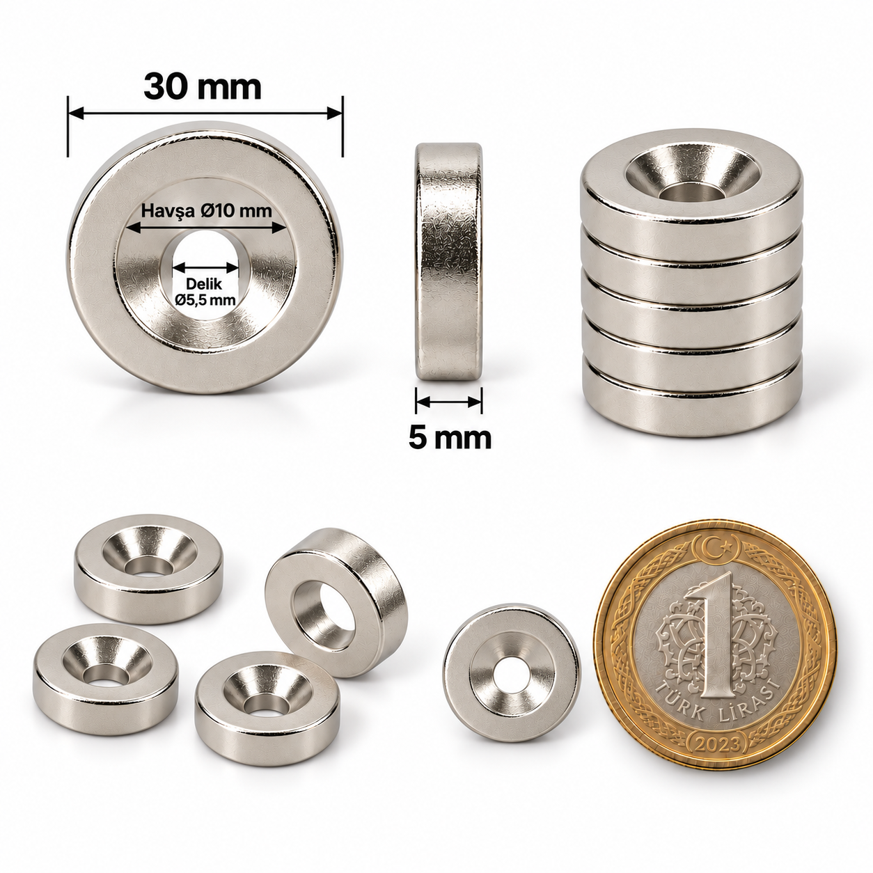 30x5mm 10/5,5 Havşa Delikli Neodyum Mıknatıs Metrik 10/5,5