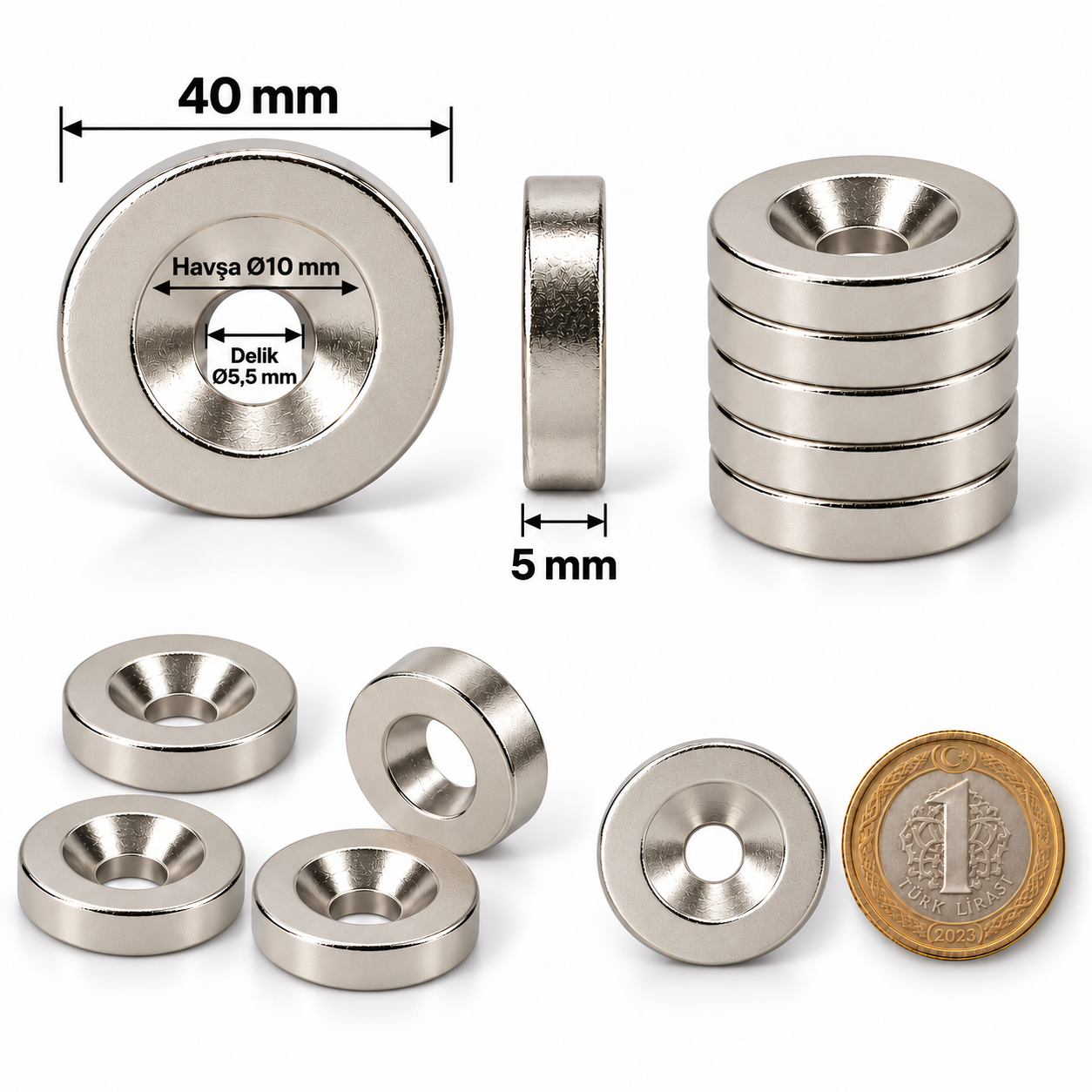 40x5mm 10/5,5 Havşa Delikli Neodyum Mıknatıs Metrik 10/5,5