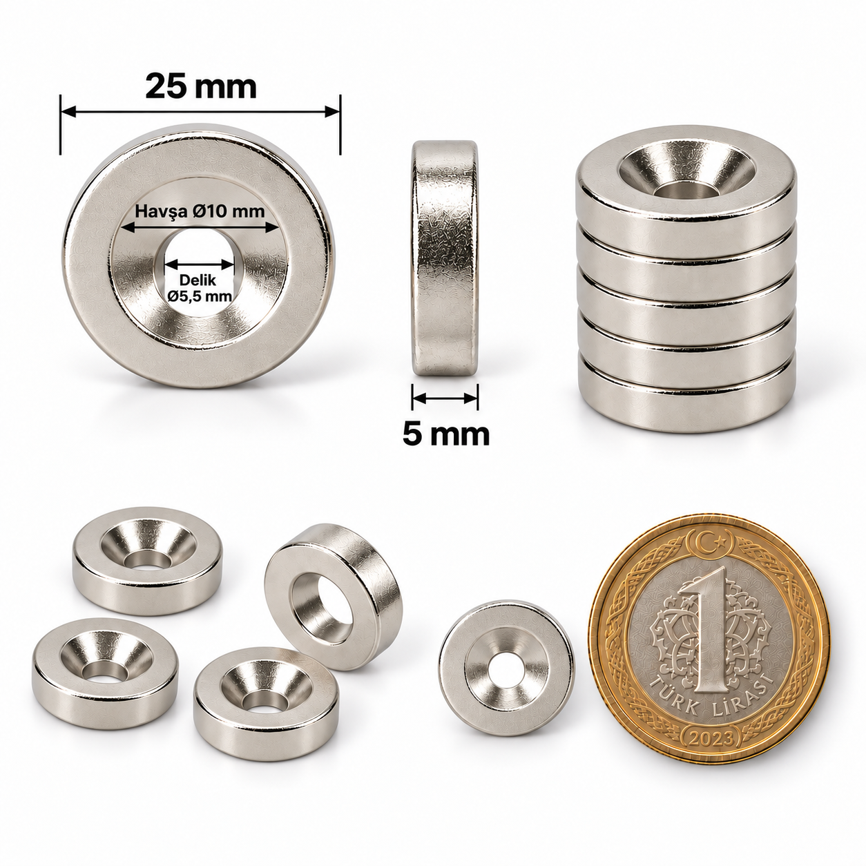 25x5mm 10/5,5 Havşa Delikli Neodyum Mıknatıs Metrik 10/5,5