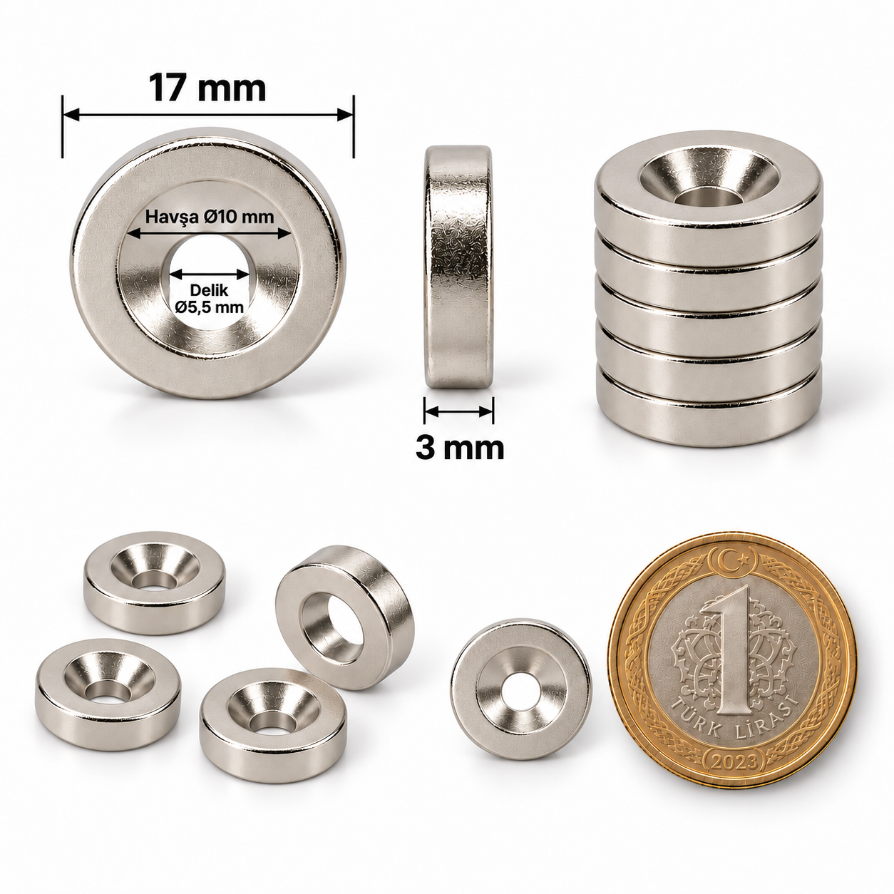 17x3 mm - 10/5,5 Havşa Delikli Neodyum Mıknatıs Metrik 10/5,5