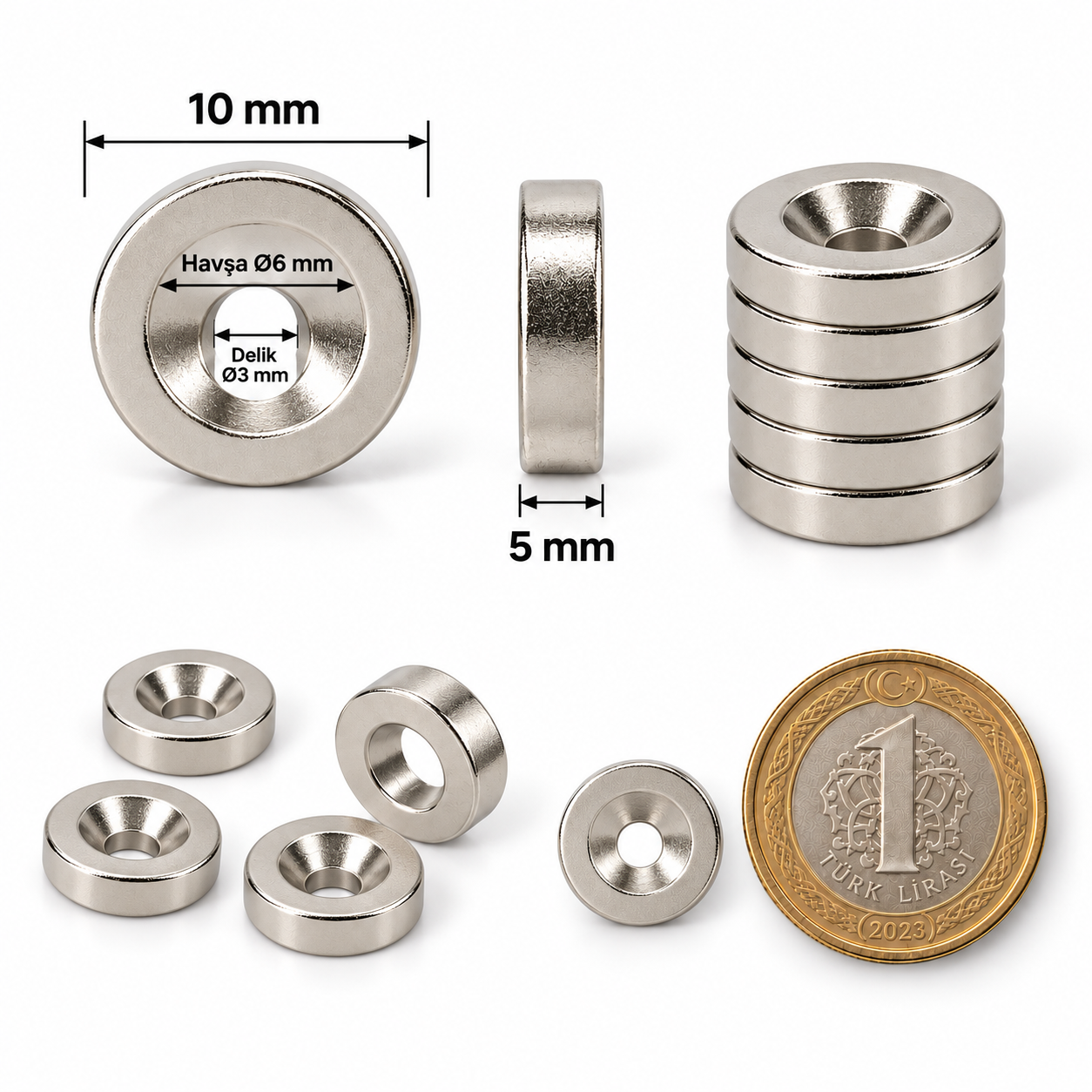 10x5 mm - 6/3 Havşa Delikli Neodyum Mıknatıs Metrik 6/3