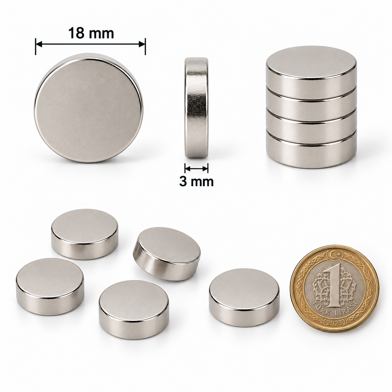 18x3 mm Yuvarlak Güçlü Neodyum Mıknatıs (Çap 18mm Kalınlık 3mm)
