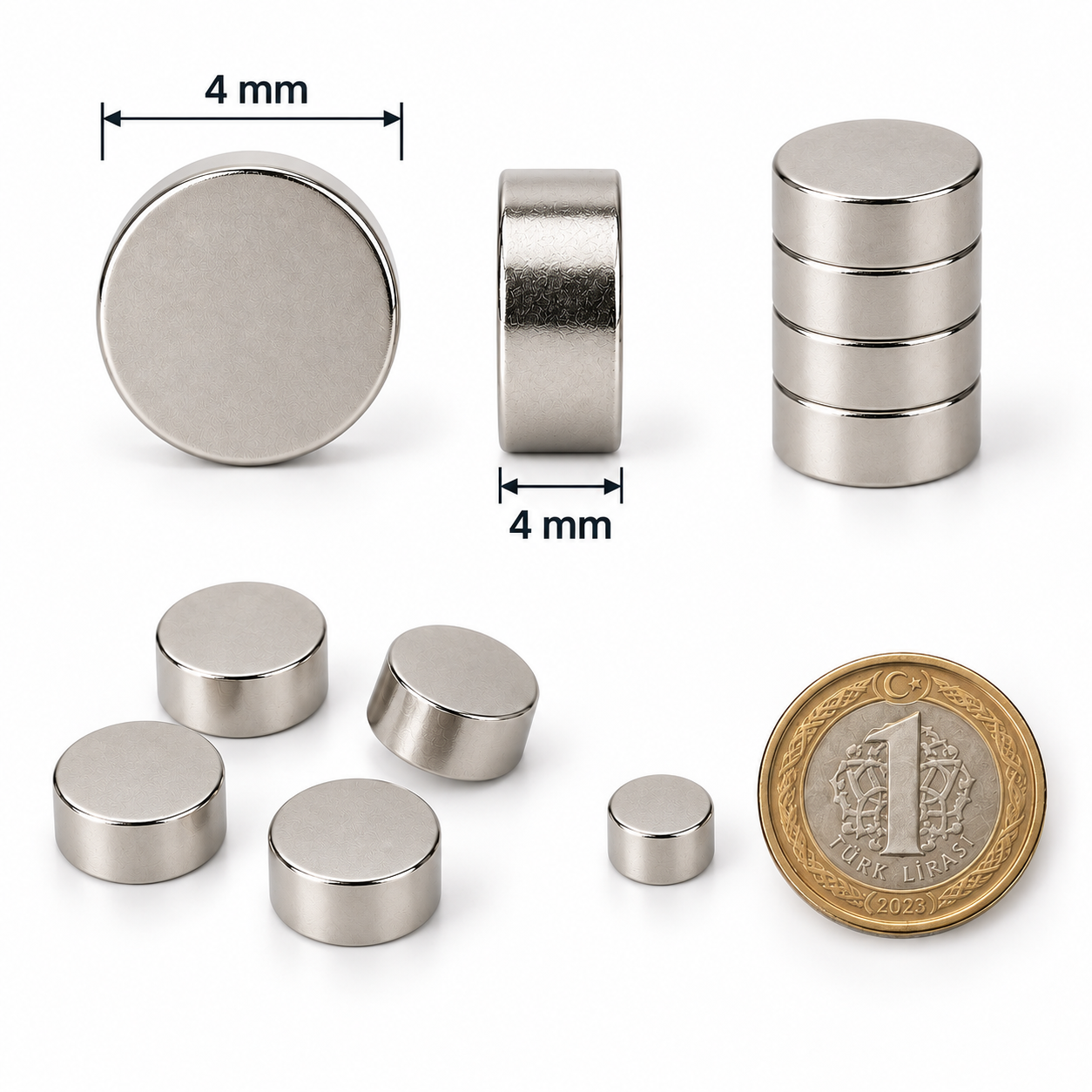 4x4 mm Yuvarlak Güçlü Neodyum Mıknatıs (Çap 4 mm Kalınlık 4 mm)