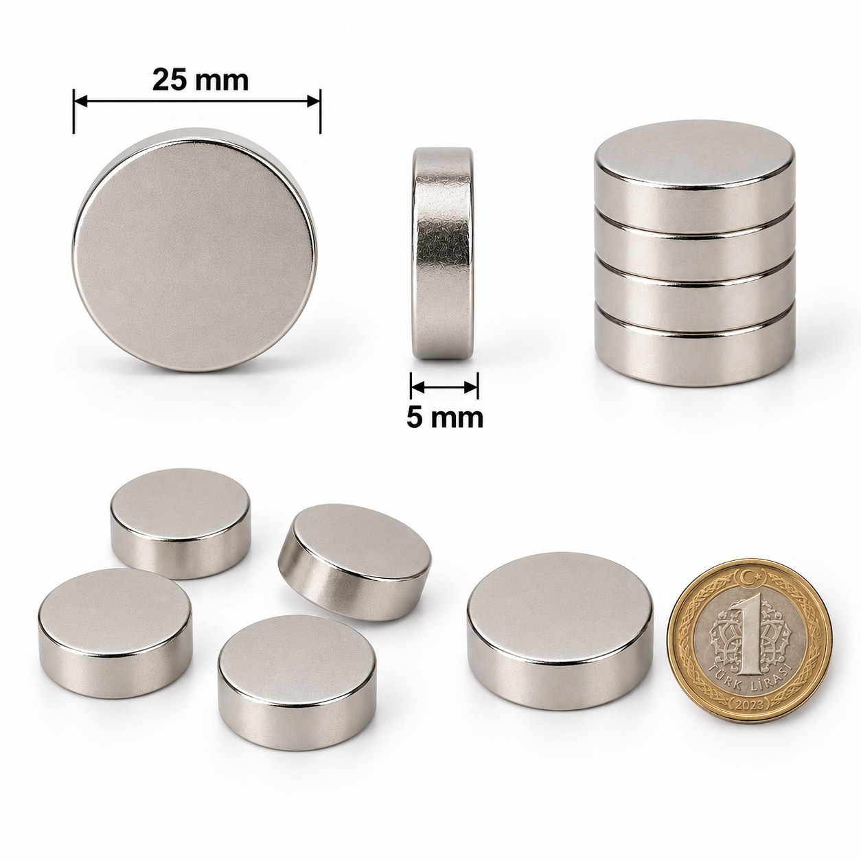 25x5 mm Yuvarlak Güçlü Neodyum Mıknatıs (Çap 25 mm Kalınlık 5 mm)