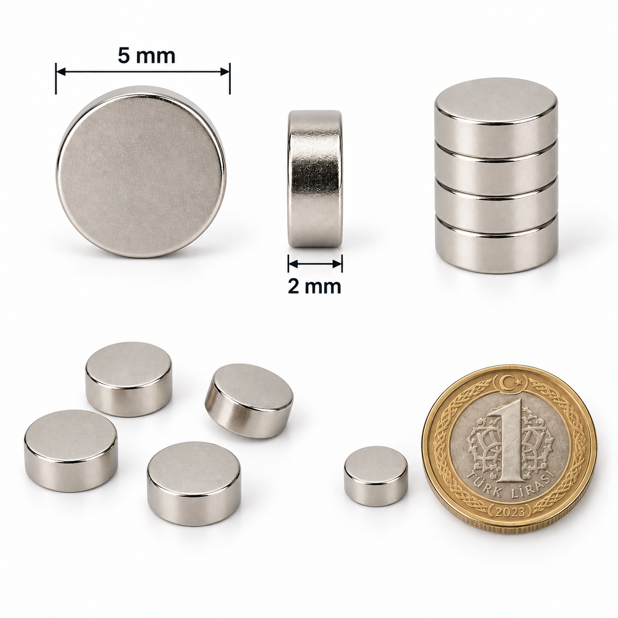 5x2 mm Yuvarlak Güçlü Neodyum Mıknatıs (Çap 5 mm Kalınlık 2 mm)