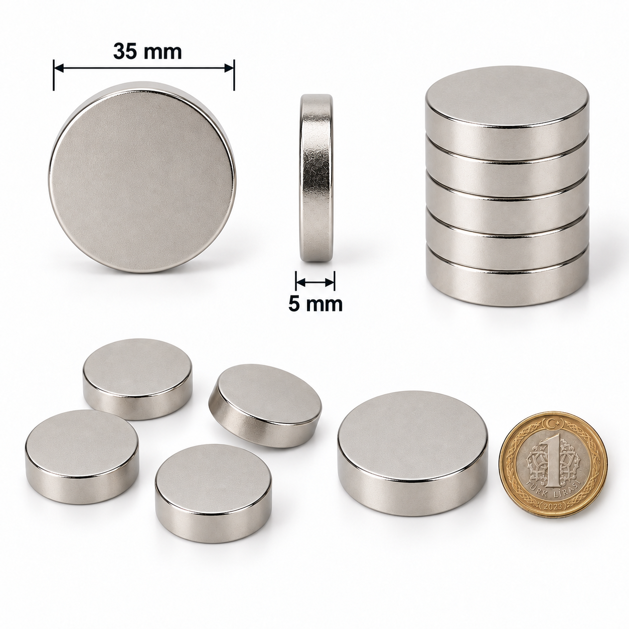 35x5 mm Yuvarlak Güçlü Neodyum Mıknatıs (Çap 35 mm Kalınlık 5 mm)