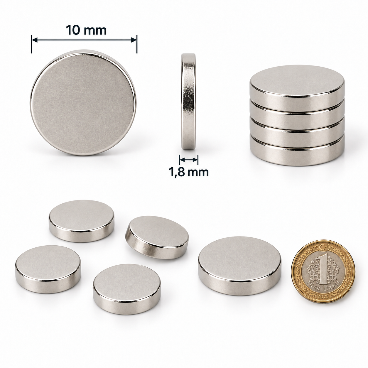 10x1,8 mm Yuvarlak Güçlü Neodyum Mıknatıs (Çap 10 mm Kalınlık 1,8 mm)