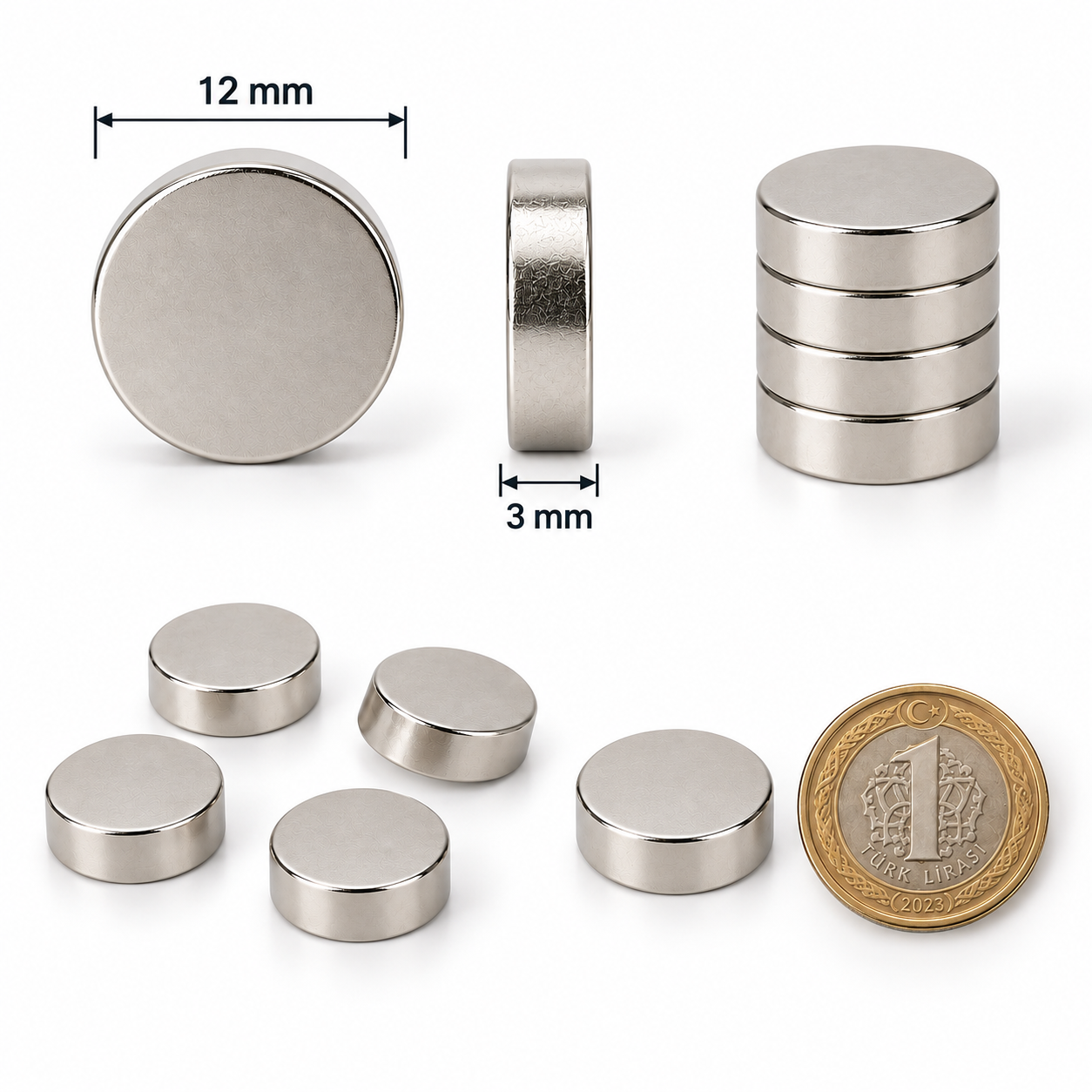 12x3 mm Yuvarlak Güçlü Neodyum Mıknatıs (Çap 12mm Kalınlık 3mm)