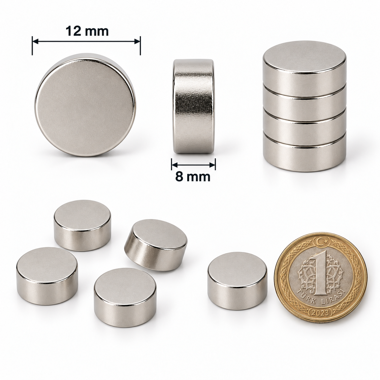 12x8 mm Yuvarlak Güçlü Neodyum Mıknatıs (Çap 12mm Kalınlık 8mm)