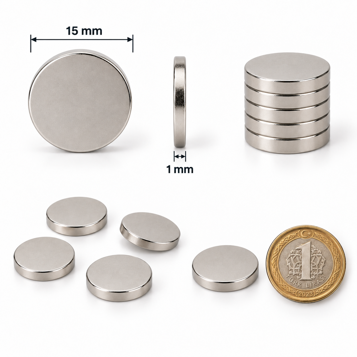 15x1 mm Yuvarlak Güçlü Neodyum Mıknatıs (Çap 15mm Kalınlık 1mm)