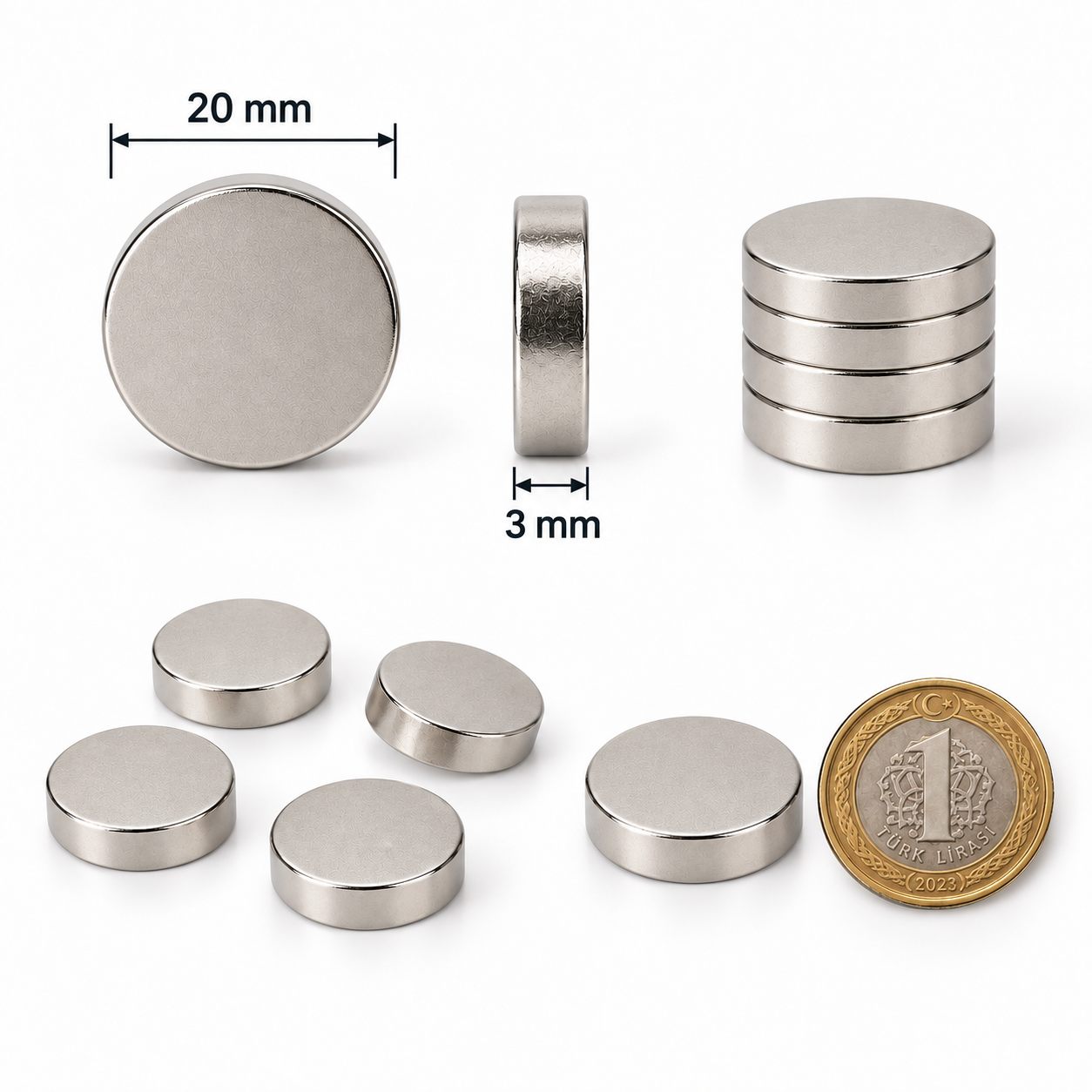 20x3 mm Yuvarlak Güçlü Neodyum Mıknatıs (Çap 20mm Kalınlık 3 mm)