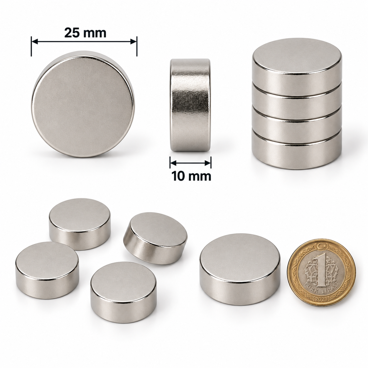 25x10 mm Yuvarlak Güçlü Neodyum Mıknatıs (Çap 25 mm Kalınlık 10 mm)