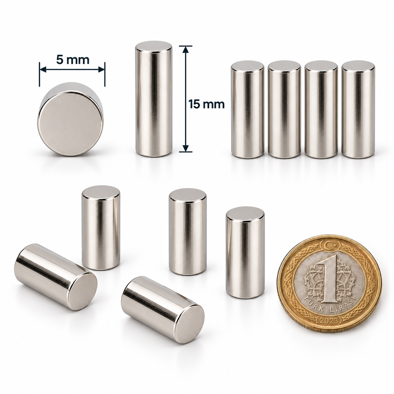 5x15 mm Yuvarlak Güçlü Neodyum Mıknatıs (Çap 5mm Kalınlık 15mm)