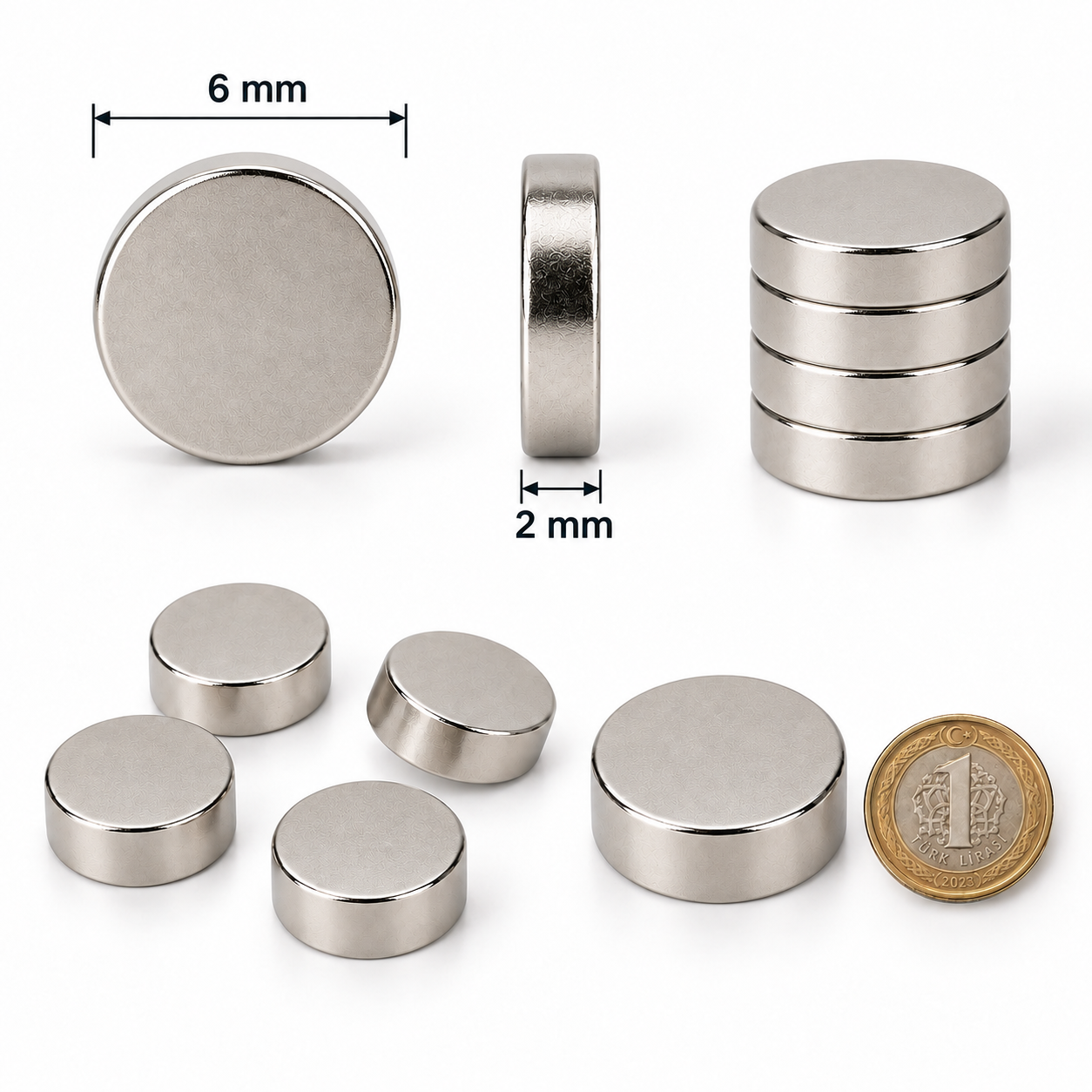 6x2 mm Yuvarlak Güçlü Neodyum Mıknatıs (Çap 6mm Kalınlık 2mm)