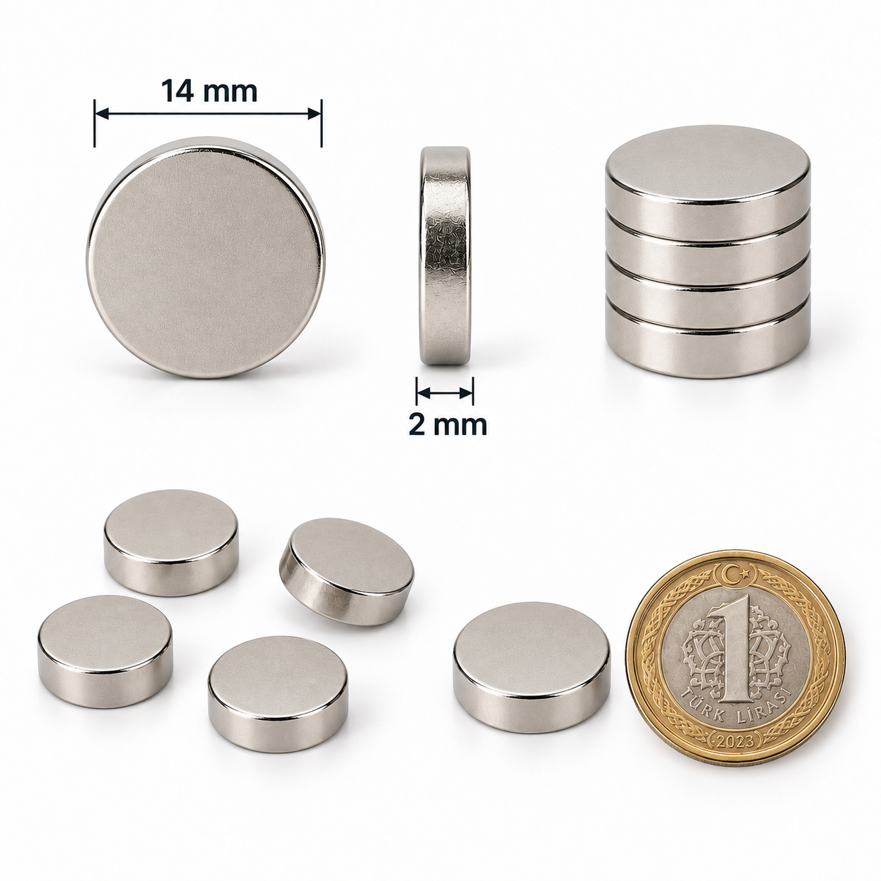 14x2 mm Yuvarlak Güçlü Neodyum Mıknatıs (Çap 14mm Kalınlık 2mm)