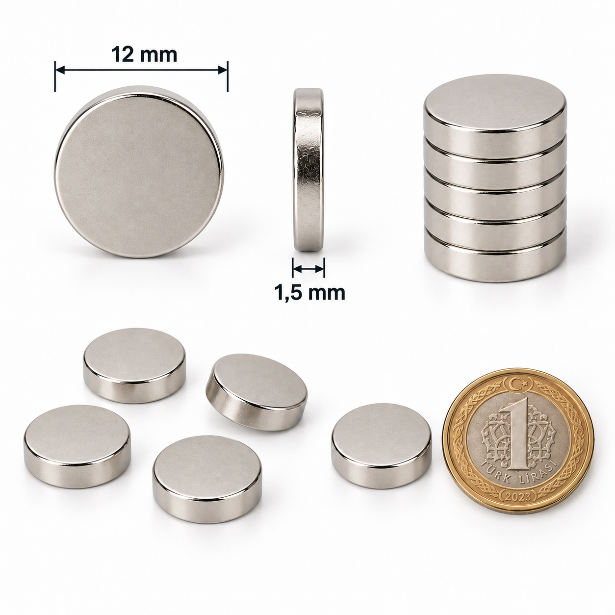 12x1,5 mm Yuvarlak Güçlü Neodyum Mıknatıs (Çap 12mm Kalınlık 1,5mm)