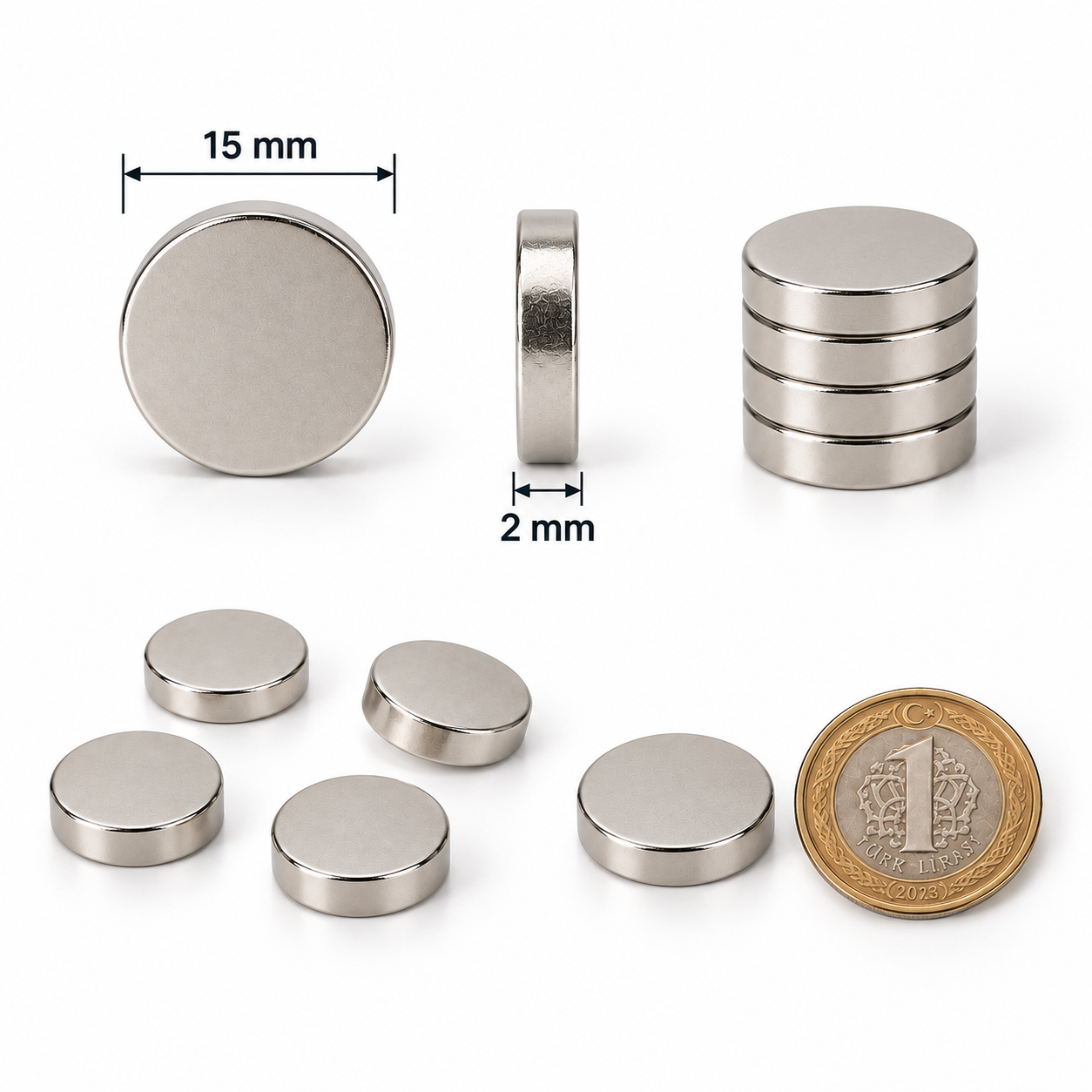 15x2 mm Yuvarlak Güçlü Neodyum Mıknatıs (Çap 15mm Kalınlık 2mm)