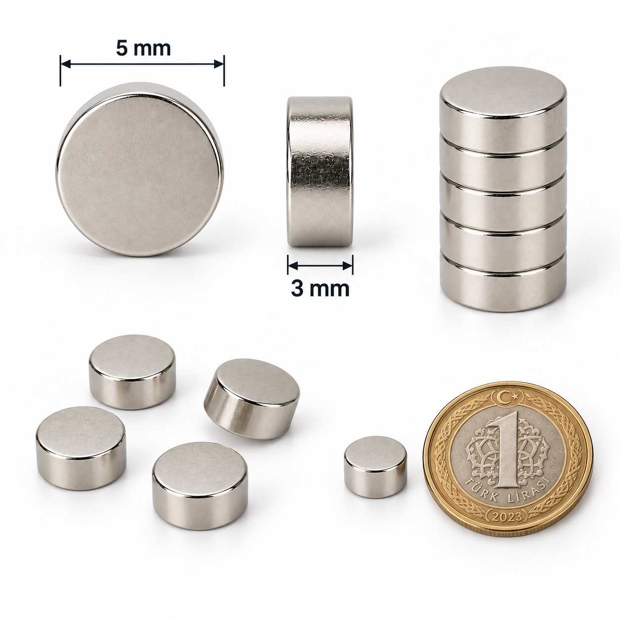 5x3 mm Yuvarlak Güçlü Neodyum Mıknatıs (Çap 5 mm Kalınlık 3 mm)
