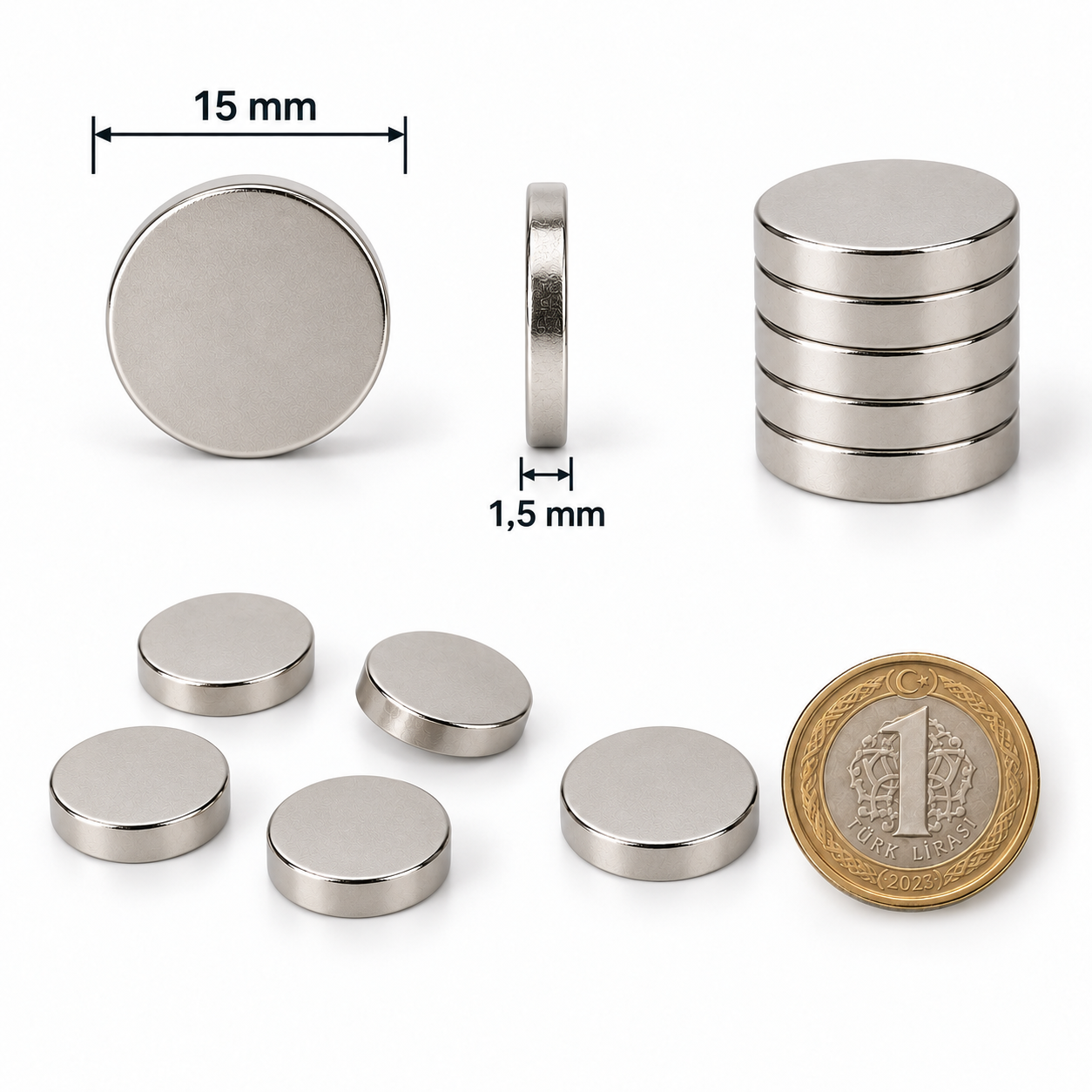 15x1,5 mm Yuvarlak Güçlü Neodyum Mıknatıs (Çap 15mm Kalınlık 1,5mm)