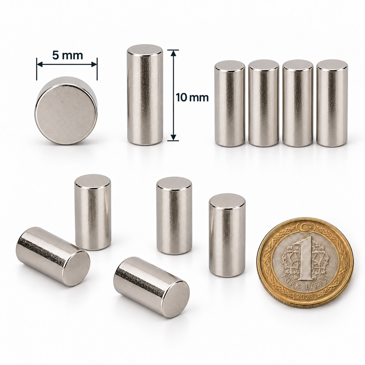 5x10 mm Yuvarlak Güçlü Neodyum Mıknatıs (Çap 5mm Kalınlık 10mm)