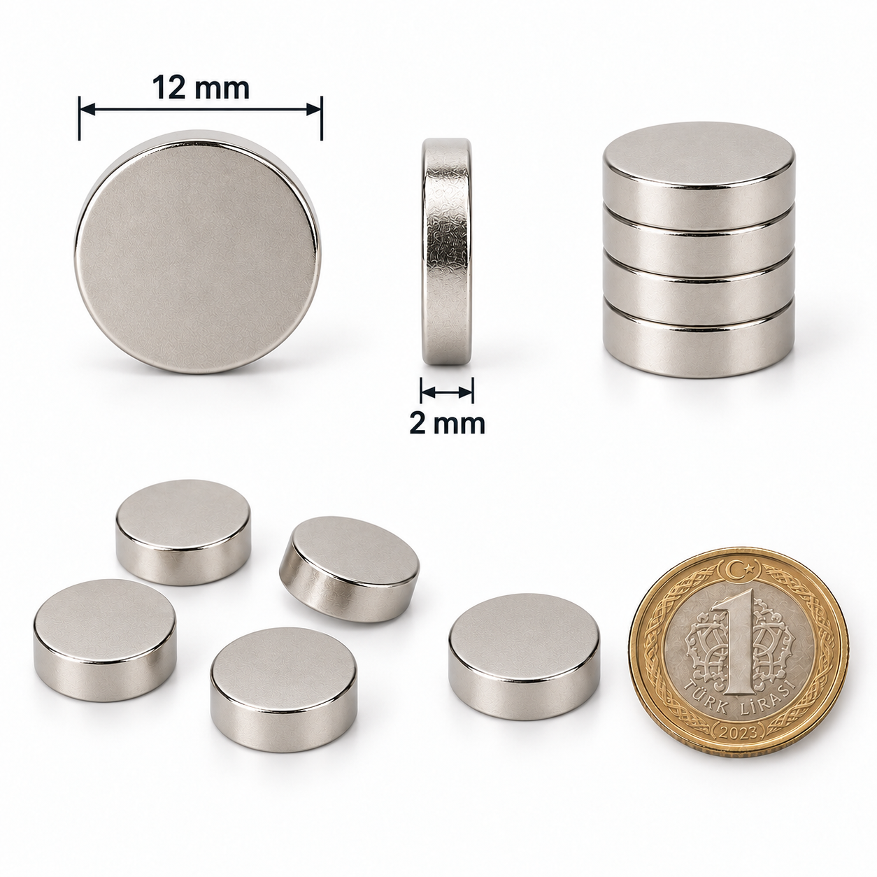 12x2 mm Yuvarlak Güçlü Neodyum Mıknatıs (Çap 12mm Kalınlık 2mm)