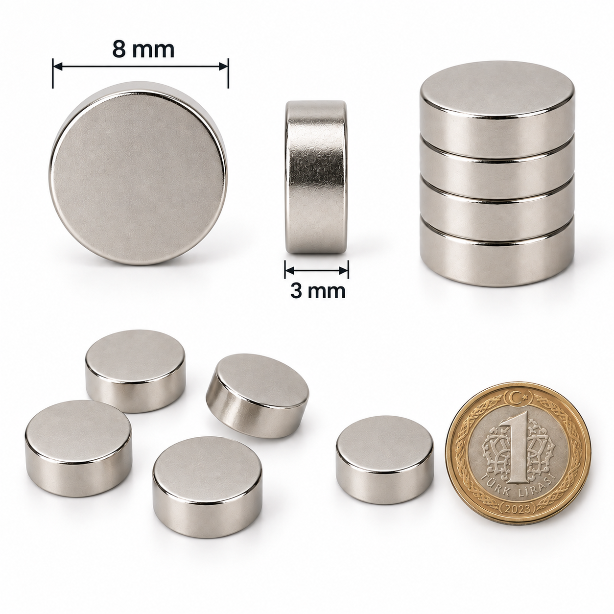 8x3 mm Yuvarlak Güçlü Neodyum Mıknatıs (Çap 8mm Kalınlık 3 mm)