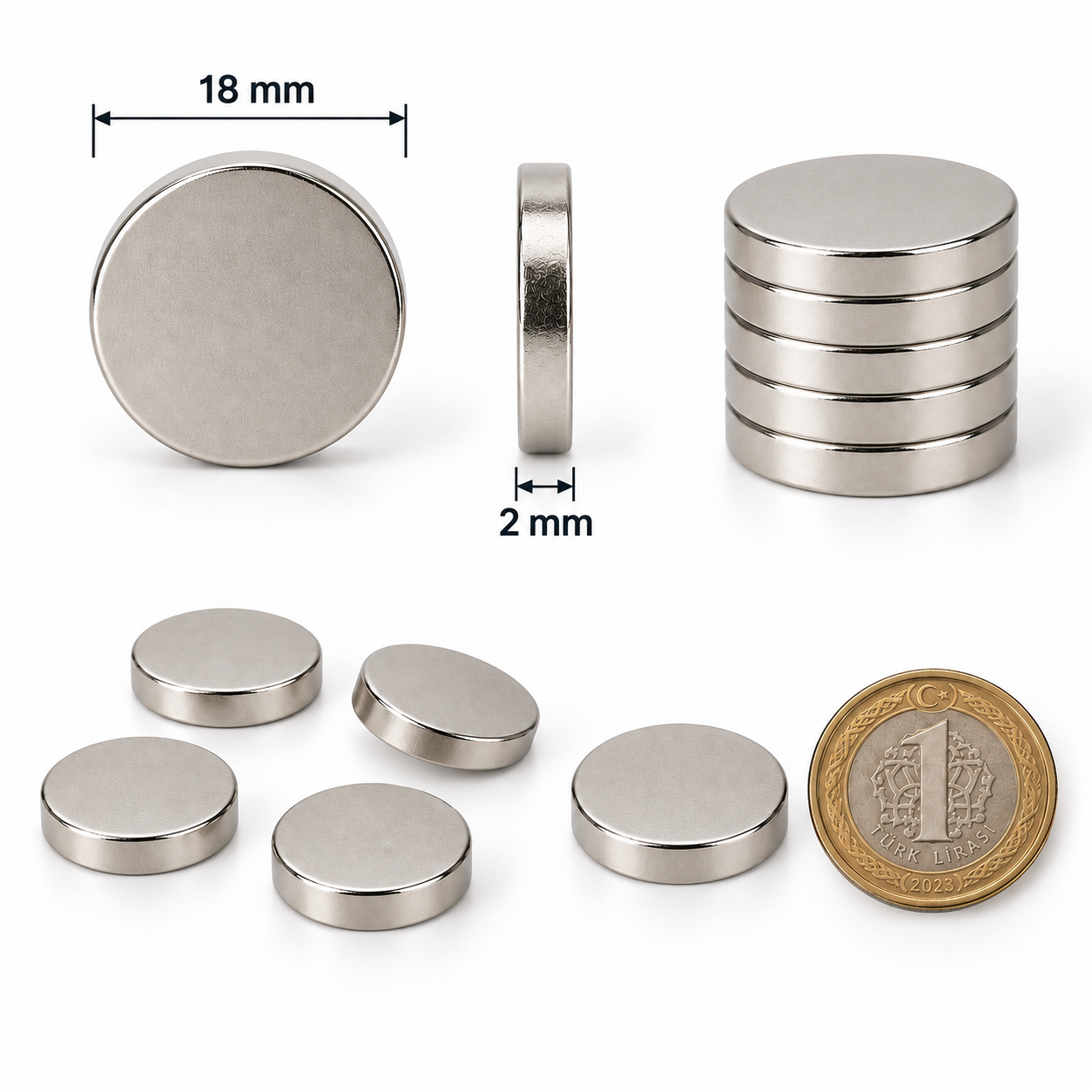 18x2 mm Yuvarlak Güçlü Neodyum Mıknatıs (Çap 18mm Kalınlık 2mm)