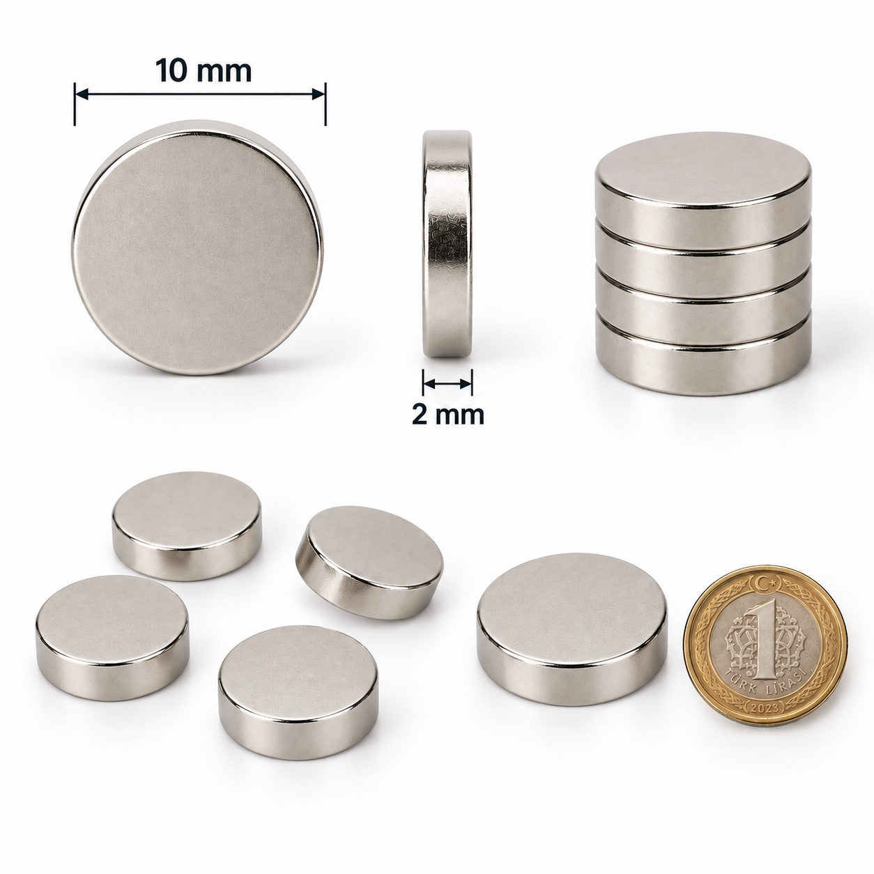 10x2 mm Yuvarlak Güçlü Neodyum Mıknatıs (Çap 10mm Kalınlık 2mm)