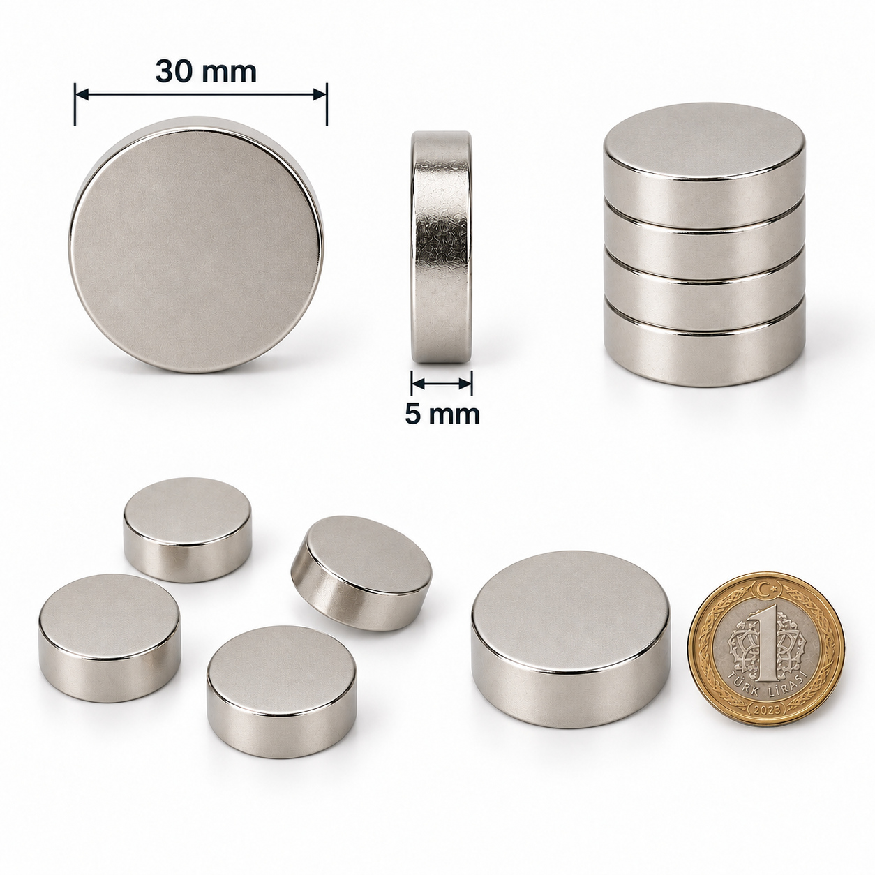 30x5 mm Yuvarlak Güçlü Neodyum Mıknatıs (Çap 30 mm Kalınlık 5 mm)