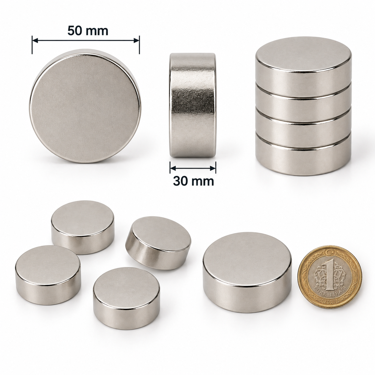 50x30 mm Yuvarlak Güçlü Neodyum Mıknatıs (Çap 50 mm Kalınlık 30 mm)