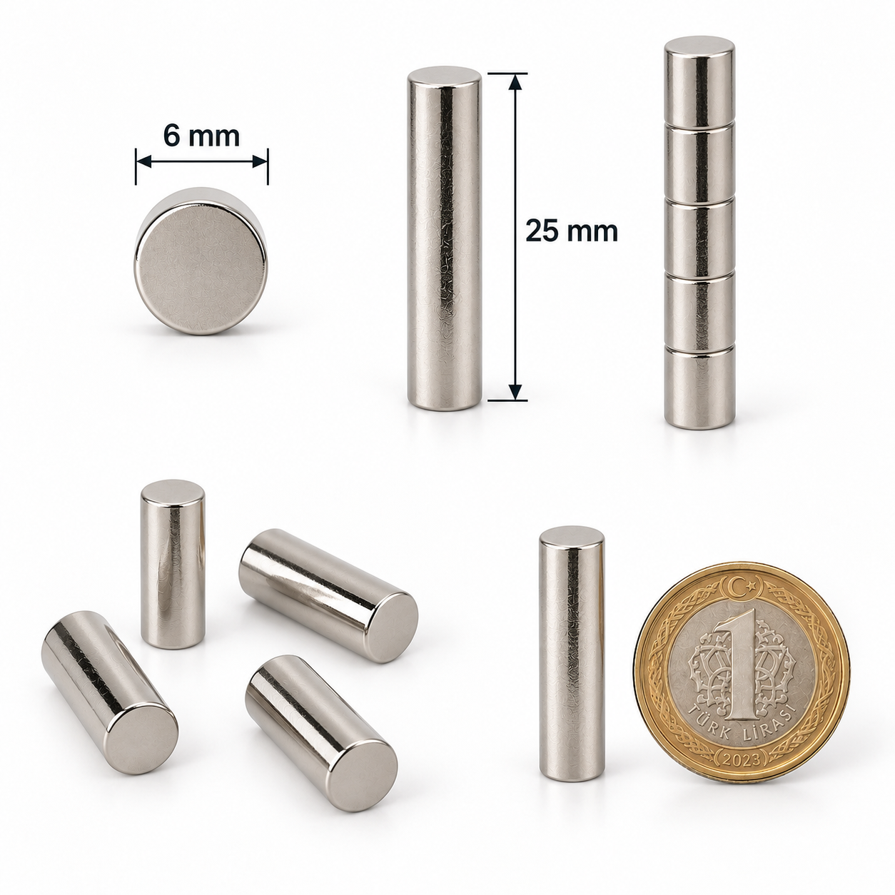 6x25 mm Yuvarlak Güçlü Neodyum Mıknatıs (Çap 6mm Kalınlık 25mm)