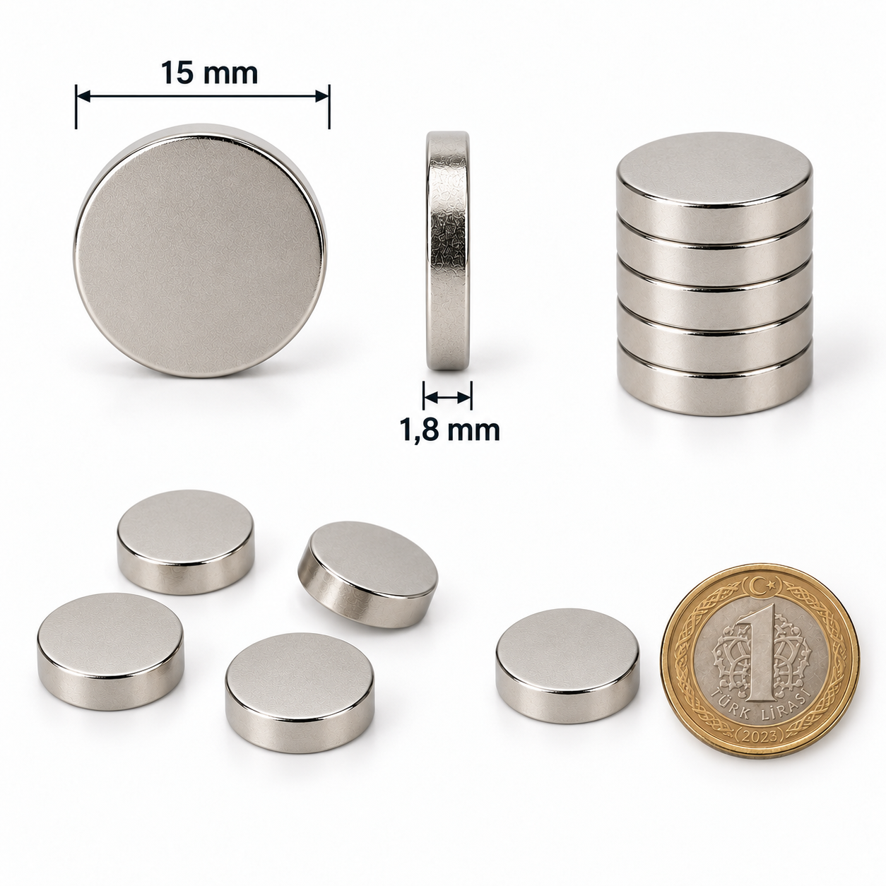 15x1,8 mm Yuvarlak Güçlü Neodyum Mıknatıs (Çap 15mm Kalınlık 1,8mm)
