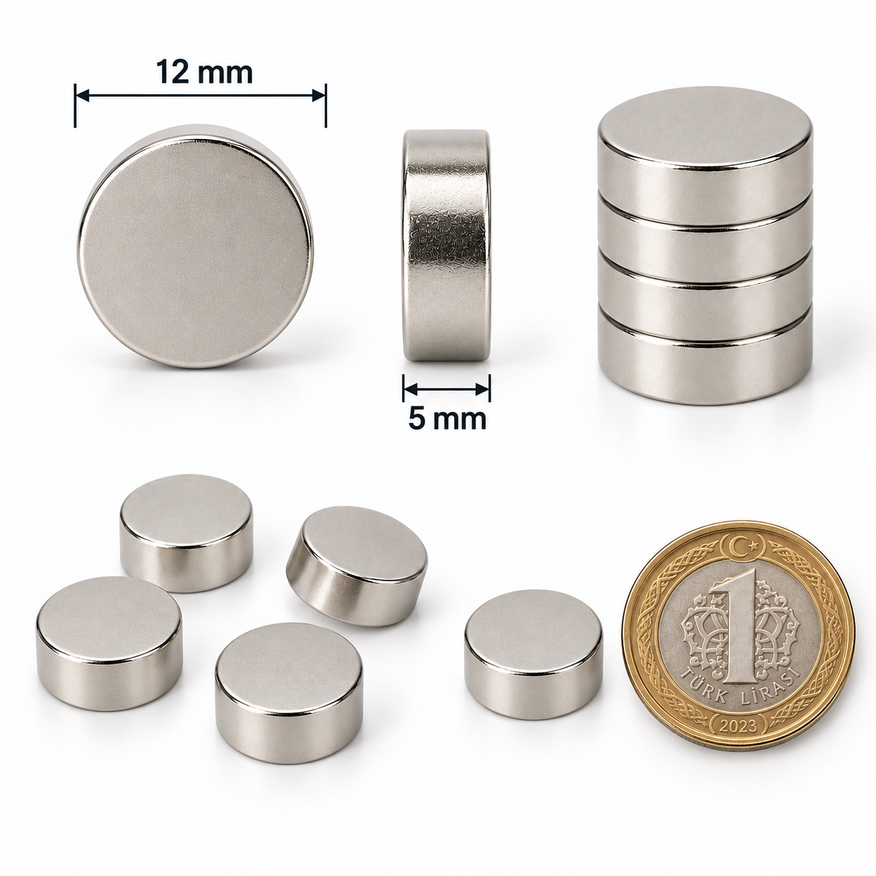 12x5 mm Yuvarlak Güçlü Neodyum Mıknatıs (Çap 12mm Kalınlık 5mm)
