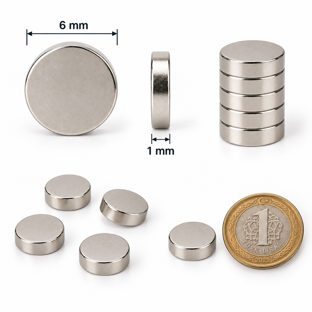 6x1 mm Yuvarlak Güçlü Neodyum Mıknatıs (Çap 6mm Kalınlık 1mm)
