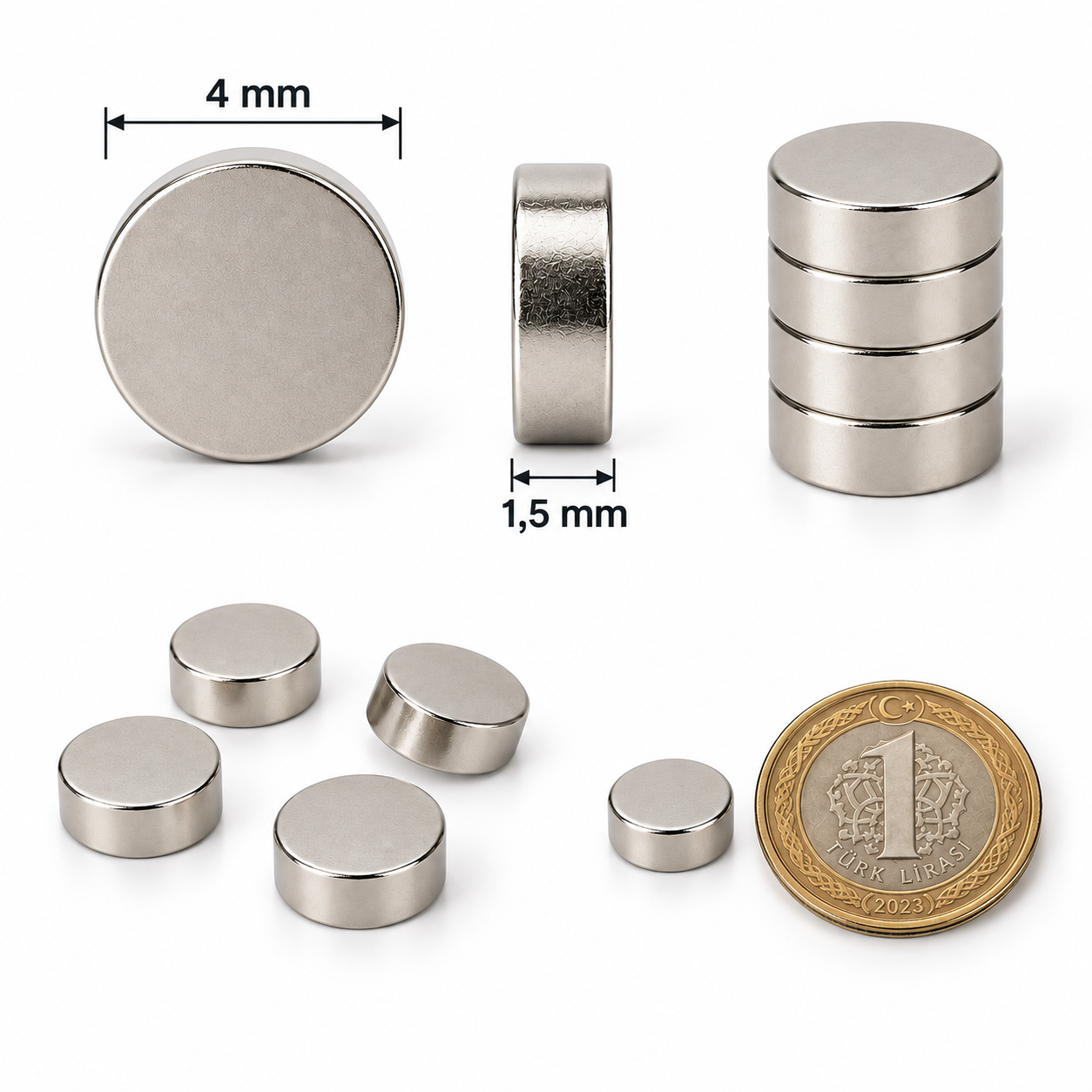 4x1,5 mm Yuvarlak Güçlü Neodyum Mıknatıs (Çap 4mm Kalınlık 1,5mm)