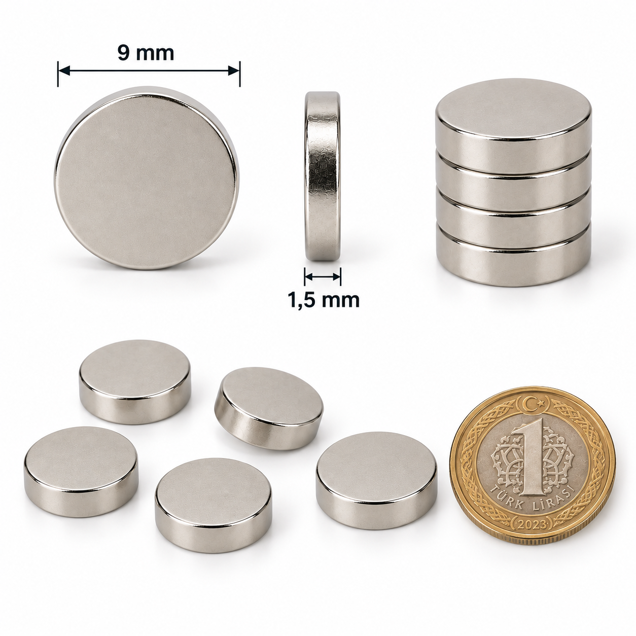 9x1,5 mm Yuvarlak Güçlü Neodyum Mıknatıs (Çap 9mm Kalınlık 1,5 mm)