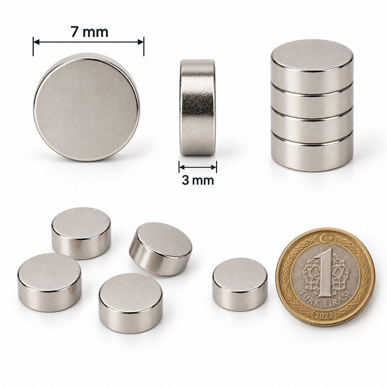 7x3 mm Yuvarlak Güçlü Neodyum Mıknatıs (Çap 7mm Kalınlık 3mm)